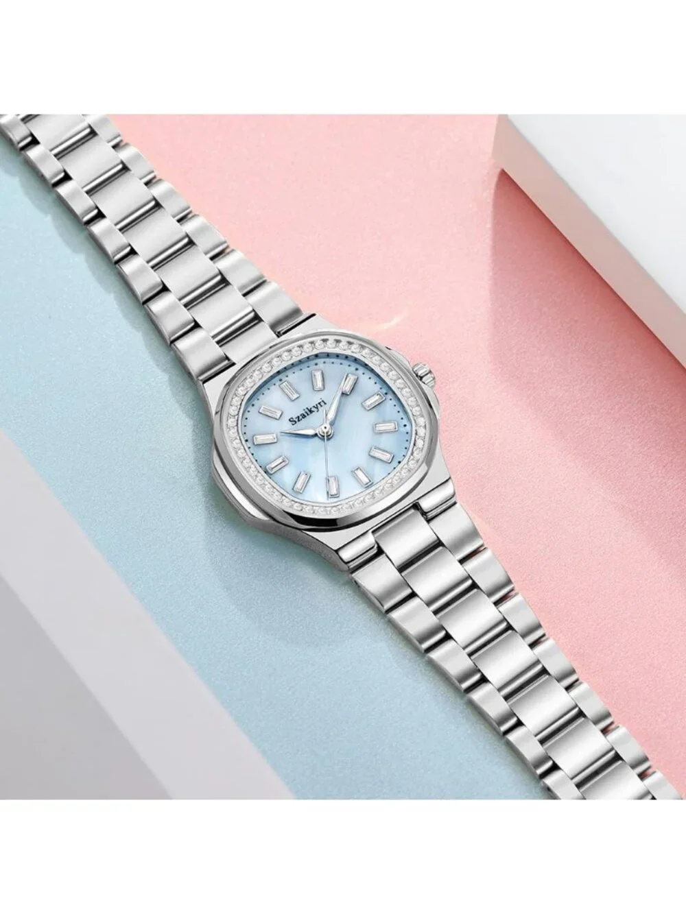 Women's Silver Blue Crystal Accented Solid Stainless Steel Band Wrist Watch